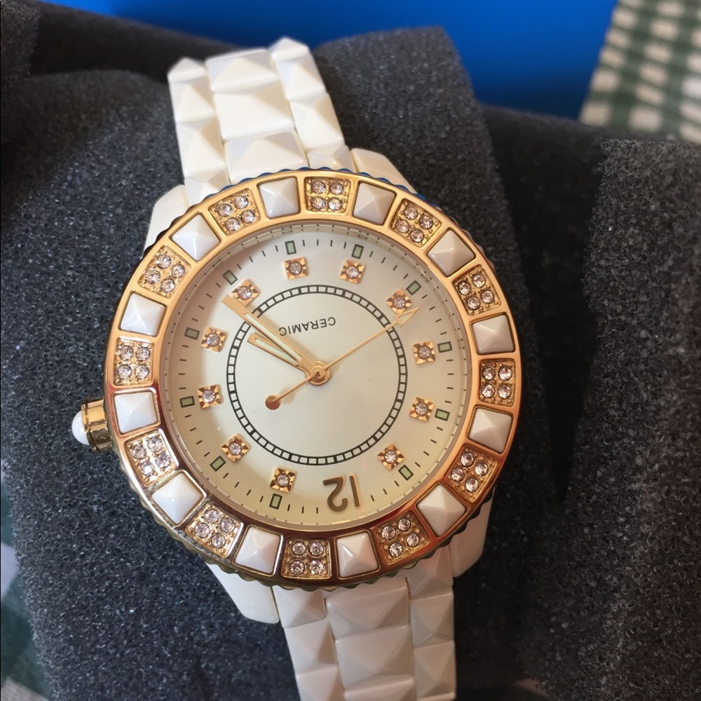 Adrienne Ceramic white watch with Rhinestone Bezel